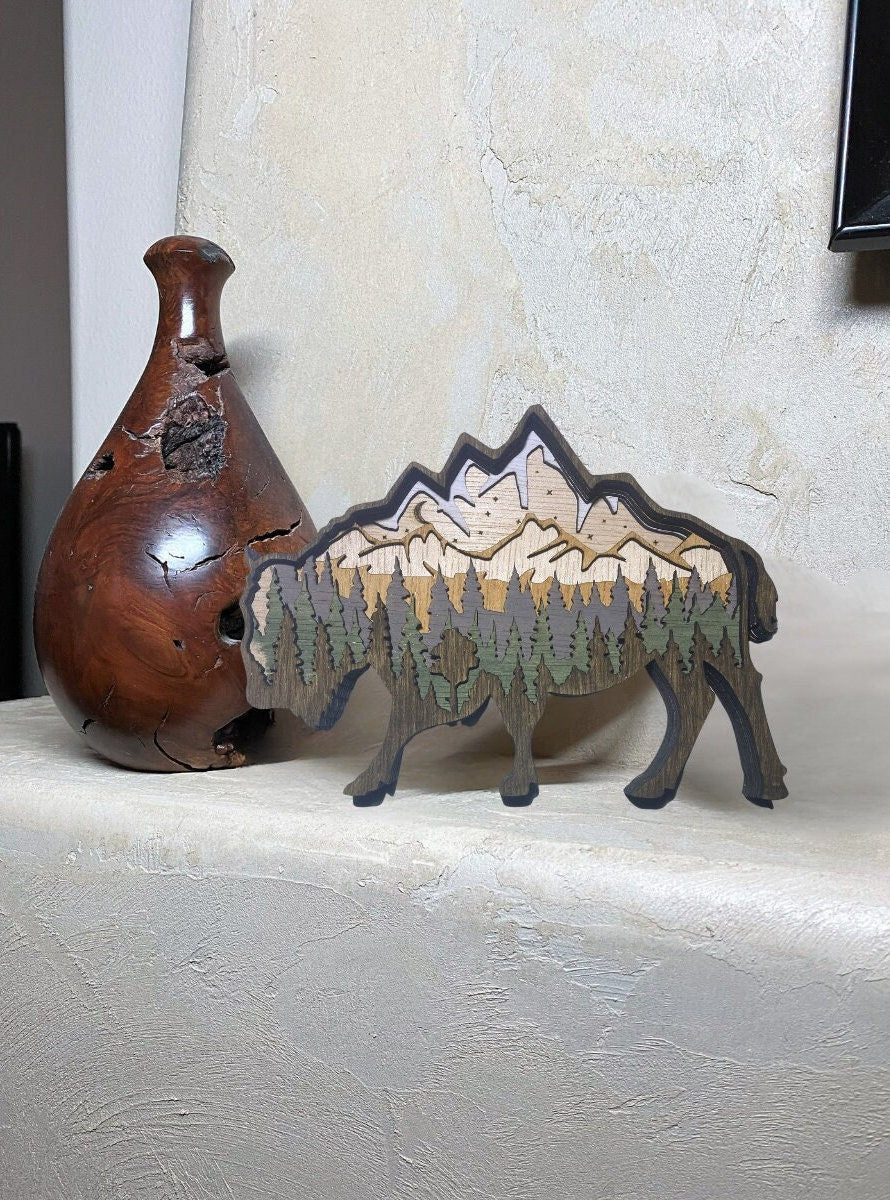 3D Layered Wood Art Buffalo, Bison