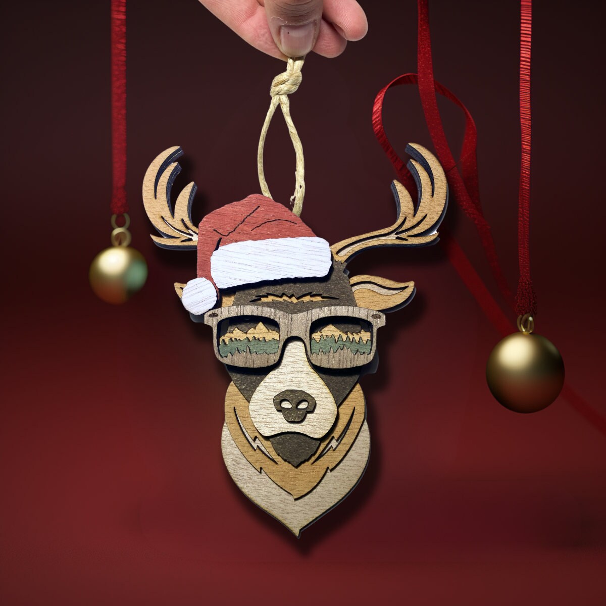 Deer with Sunglasses Christmas Ornament, 3D Layered Wood Art