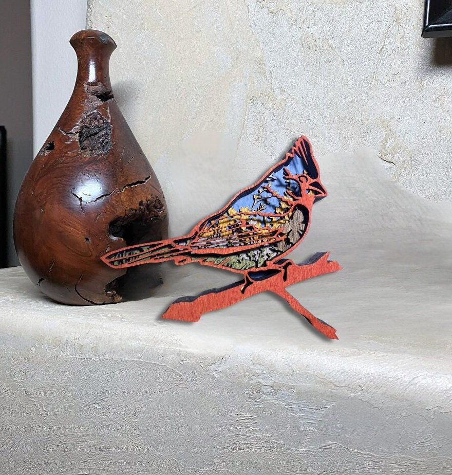 Cardinal Bird 3D Wall Art Art Shelf Decor Bird Scene Art for Shelf Gift for Friend Wood Artwork Home Decoration