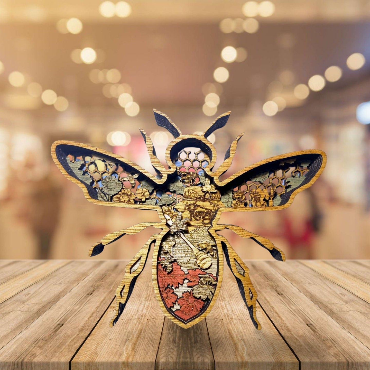 Bee Layered Wood Art Decor Honey Bee Scene Art for Shelf Gift for Friend Wood Artwork Home Decoration