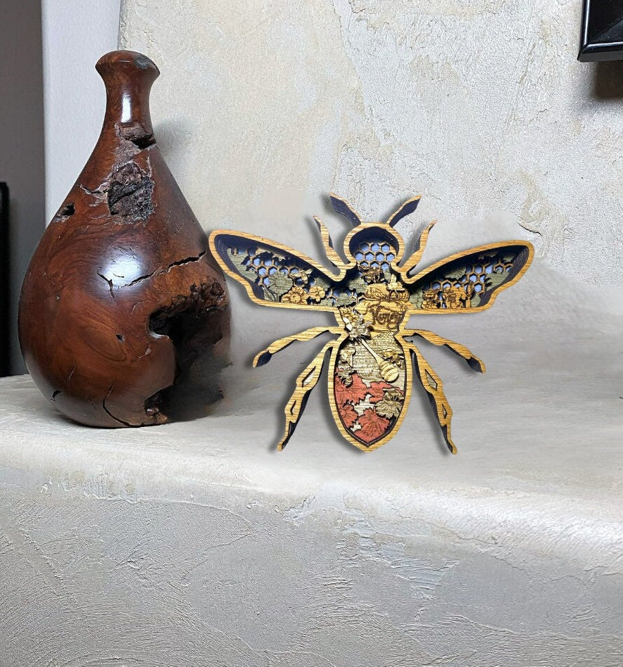 Bee Layered Wood Art Decor Honey Bee Scene Art for Shelf Gift for Friend Wood Artwork Home Decoration